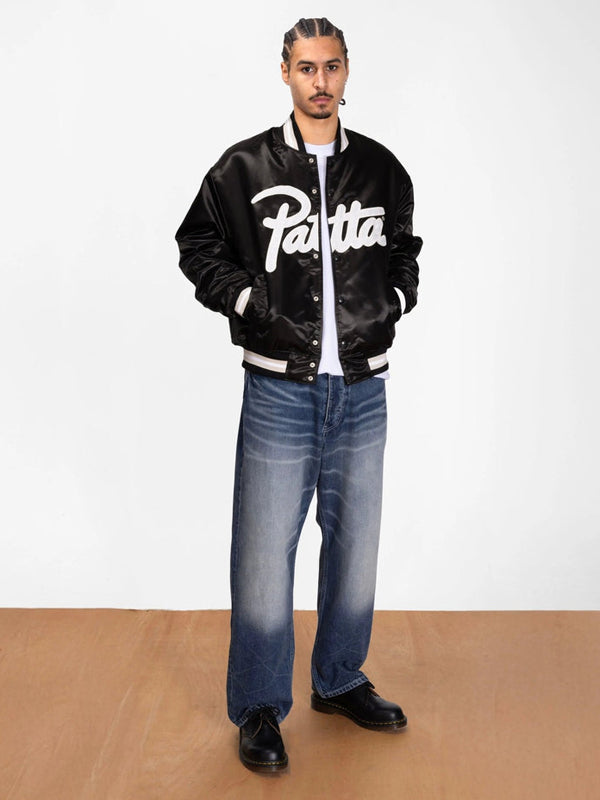 Mens-Patta-Script-Logo-Satin-Varsity-Black-Jacket