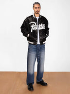 Mens-Patta-Script-Logo-Satin-Varsity-Black-Jacket