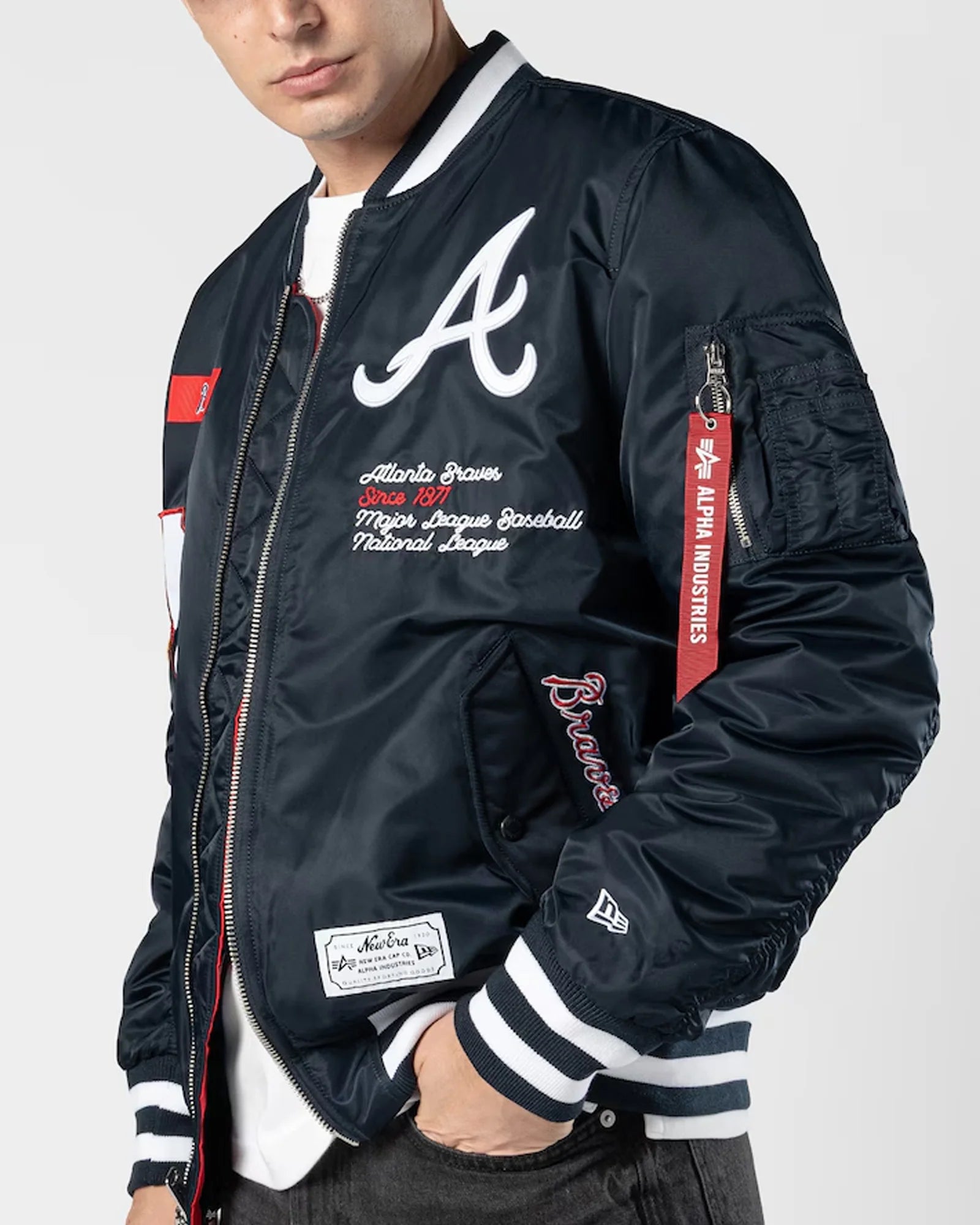 Mens New Era x Alpha Industries Navy Atlanta Braves Full Zip Bomber Jacket
