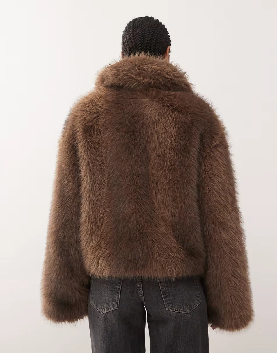 Monki-Short-Faux-Fur-Jacket-In-Brown