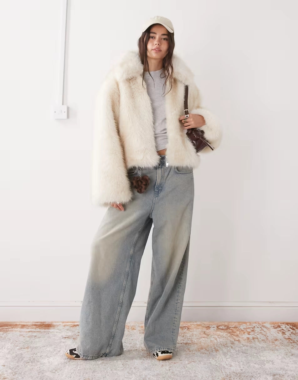 Monki-Womens-Short-Faux-Fur-Jacket-In-Off-White