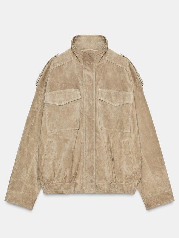 New-Zara-Woman-Nwt-Suede-Leather-Jacket-Bomber-Brown-Taupe
