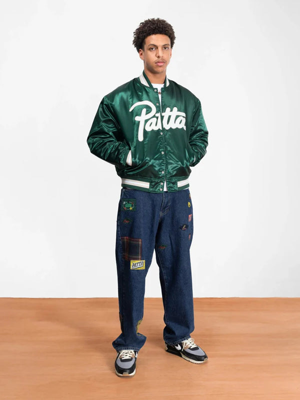 Patta-Script-Logo-Satin-Varsity-Jacket-Bistro-Green