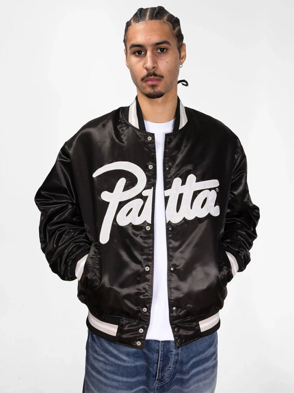 Patta-Script-Logo-Satin-Varsity-Jacket-In-Black