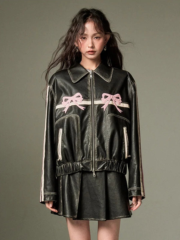 Pink-Bow-Leather-Oversized-Jacket-For-Womens