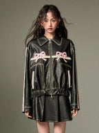 Pink-Bow-Leather-Oversized-Jacket-For-Womens