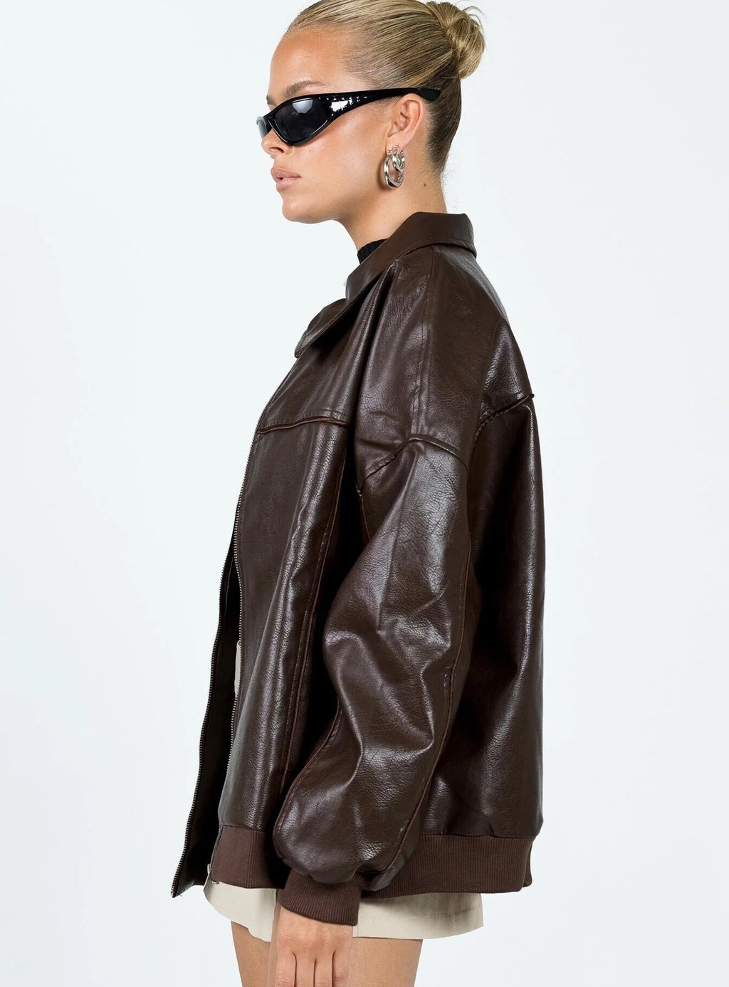 Princess-Polly-Goldsmith-Brown-Faux-Leather-Bomber-Jacket-Look