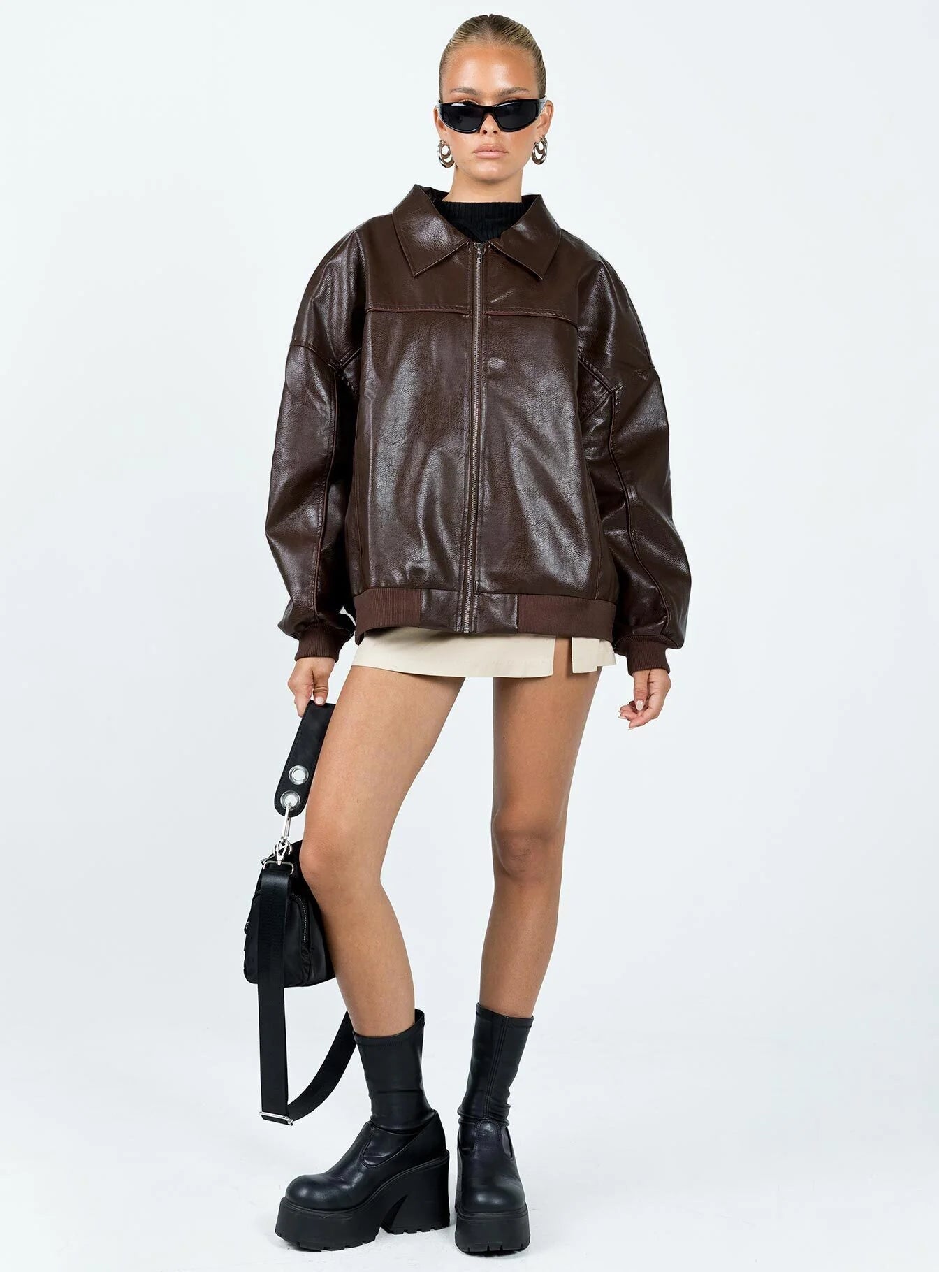 Princess-Polly-Goldsmith-Faux-Leather-Bomber-Brown-Jacket