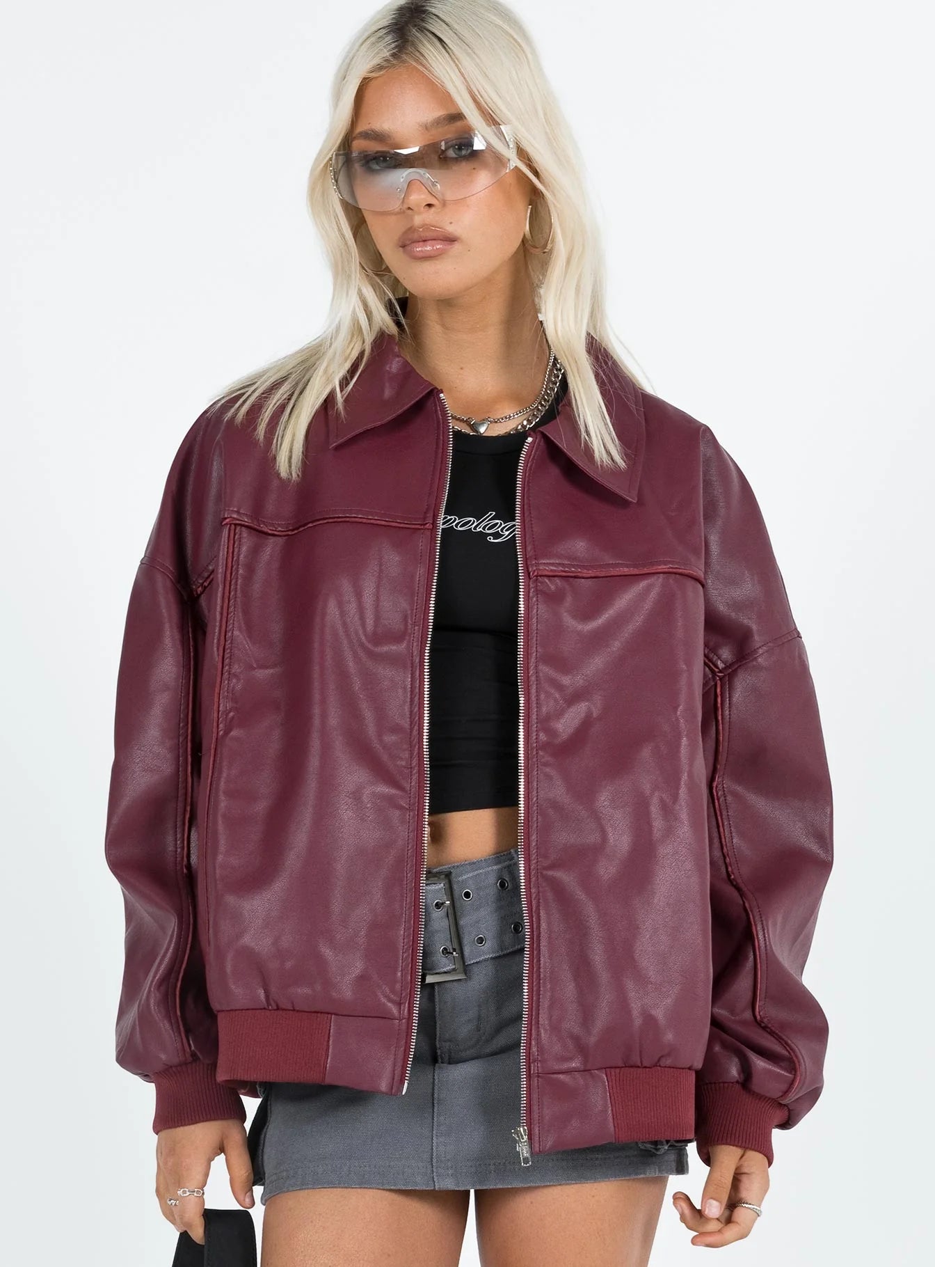 Princess-Polly-Goldsmith-Faux-Leather-Bomber-Jacket-In-Burgundy