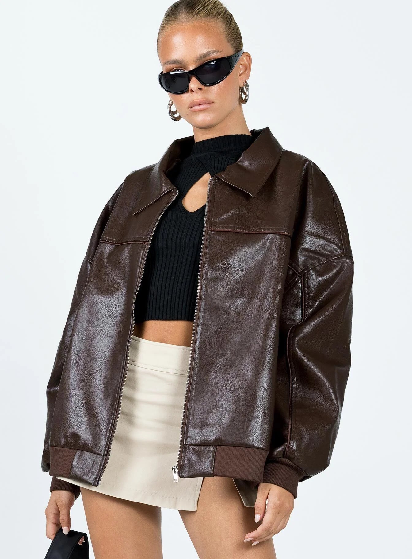 Princess-Polly-Womens-Goldsmith-Faux-Leather-Bomber-Jacket-In-Brown