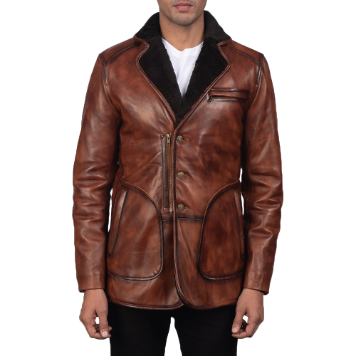 Rocky Fur Leather Blazer Men, Brown Zing Apparel
