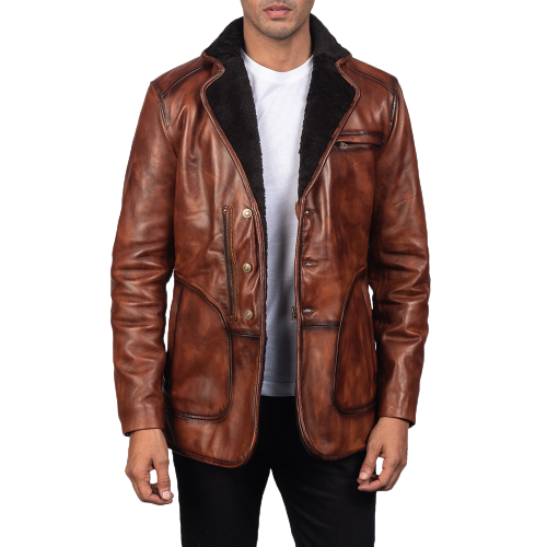 Rocky Fur Leather Blazer Men, Brown Zing Apparel