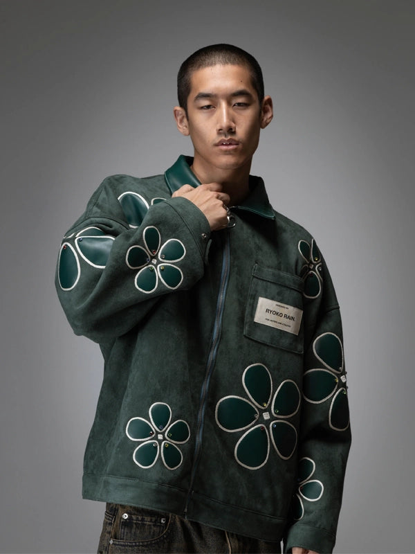 Ryoko-Rain-Floral-Suede-Leather-Work-Jacket-Green