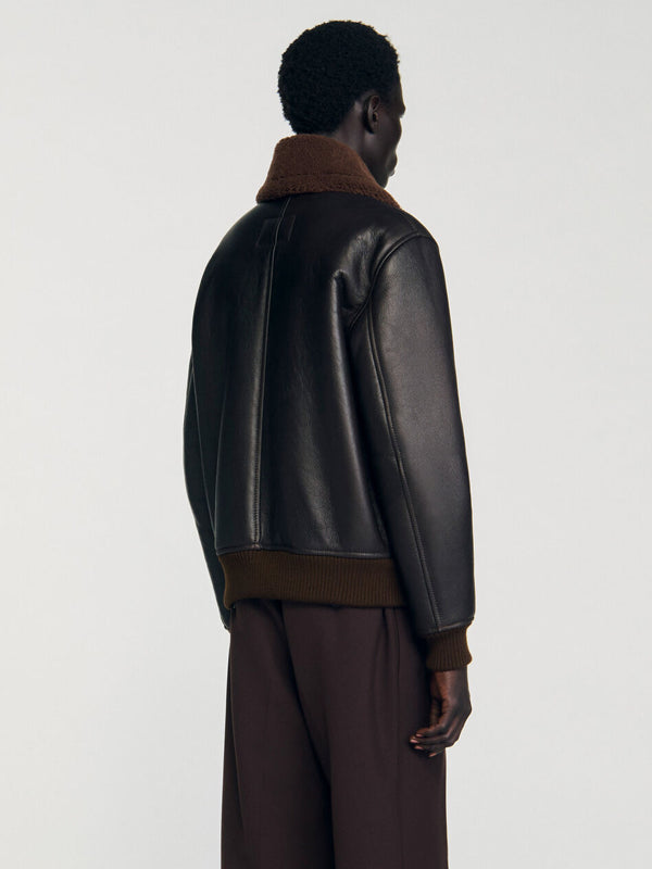 Sandro-Leather-Black-Jacket-With-Fur-Collar