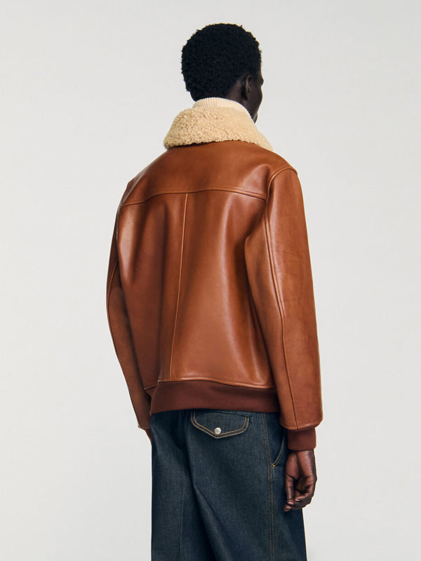 Sandro-Leather-Jacket-Back-With-Fur-Collar