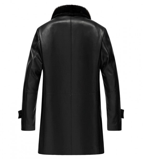 Black Leather Shearling 3/4 Length Coat with Fur Collar Zing Apparel