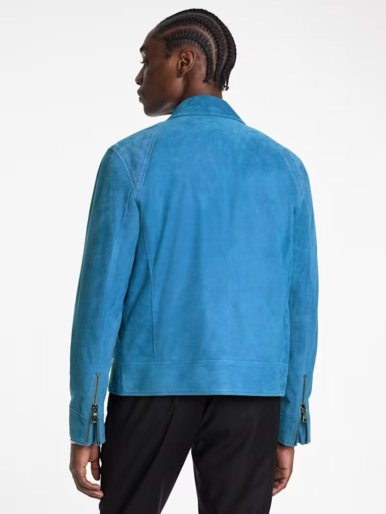 Side view of John Varvatos blue suede jacket