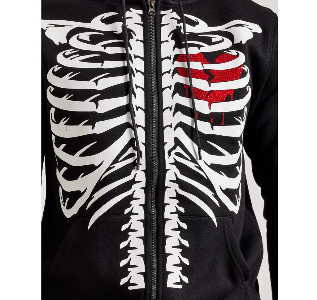 Skeleton-Print-Zip-Up-Hoodie-For-Women