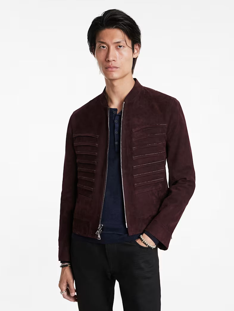 Stylish John Varvatos suede bomber jacket side view