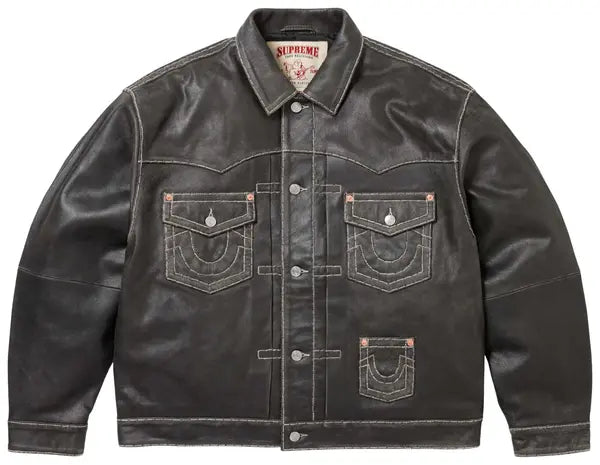 Supreme X True Religion Leather Trucker Jacket Black