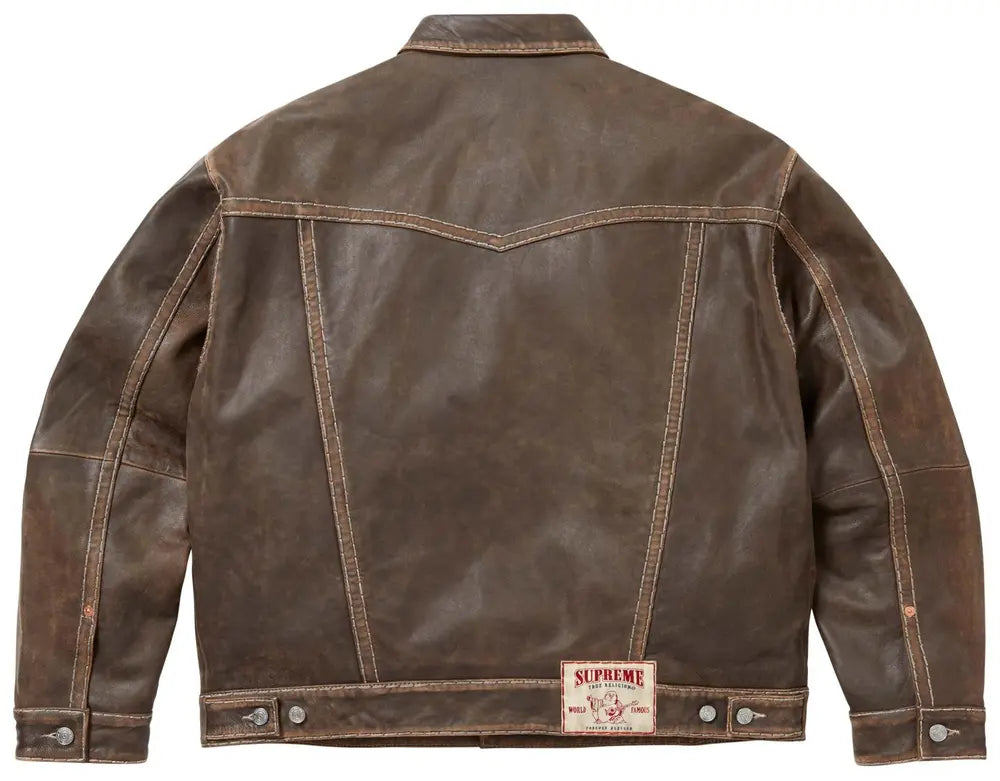 Supreme X True Religion Leather Trucker Jacket Brown