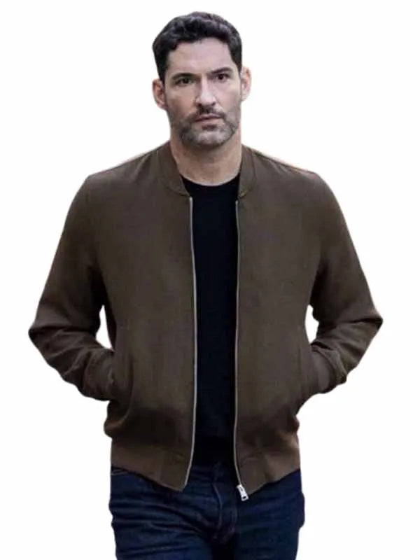  Tom Ellis CIA S01 Brown Polyester Bomber Jacket