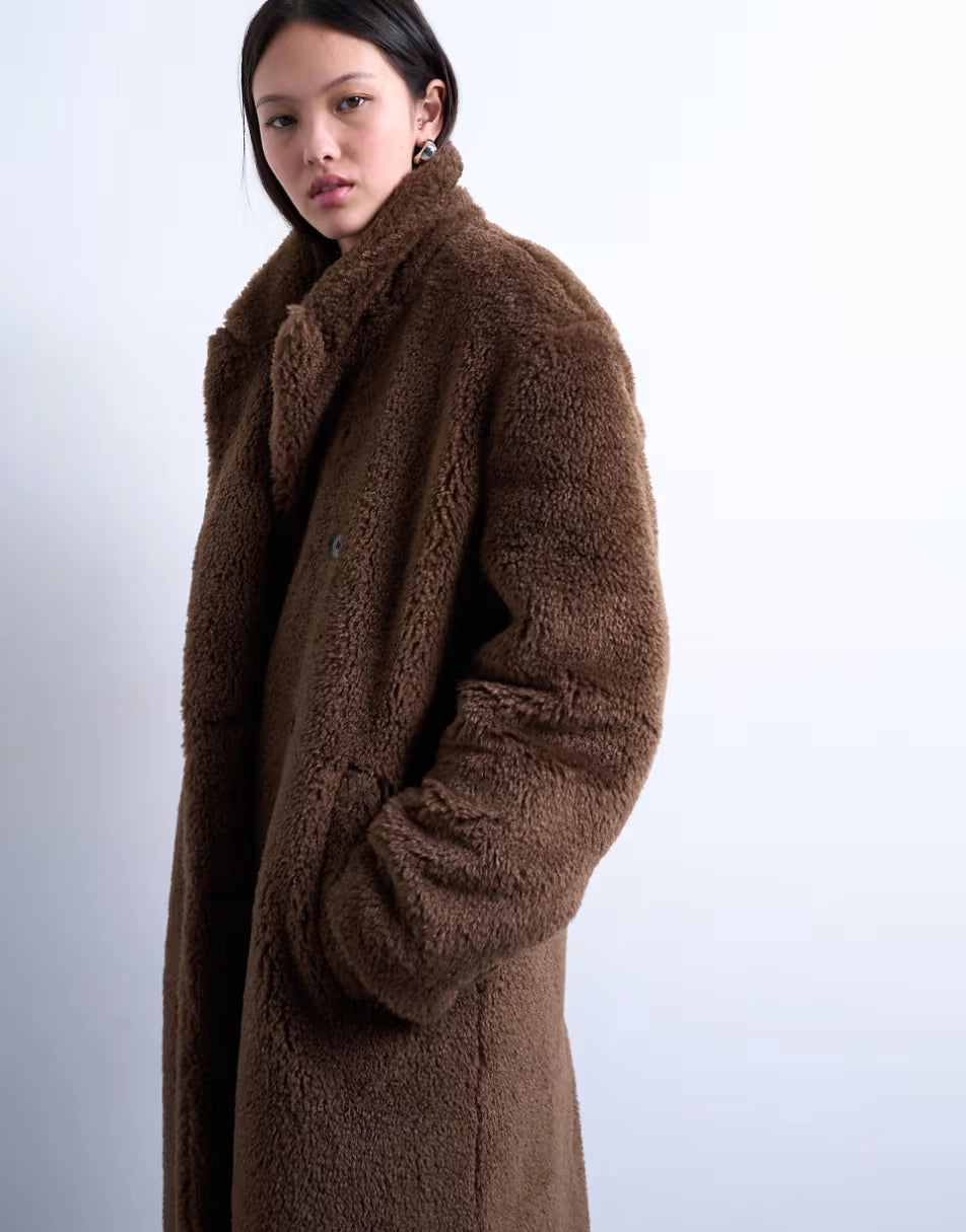 Topshop-Double-Breasted-Teddy-Longline-Coat-Brown