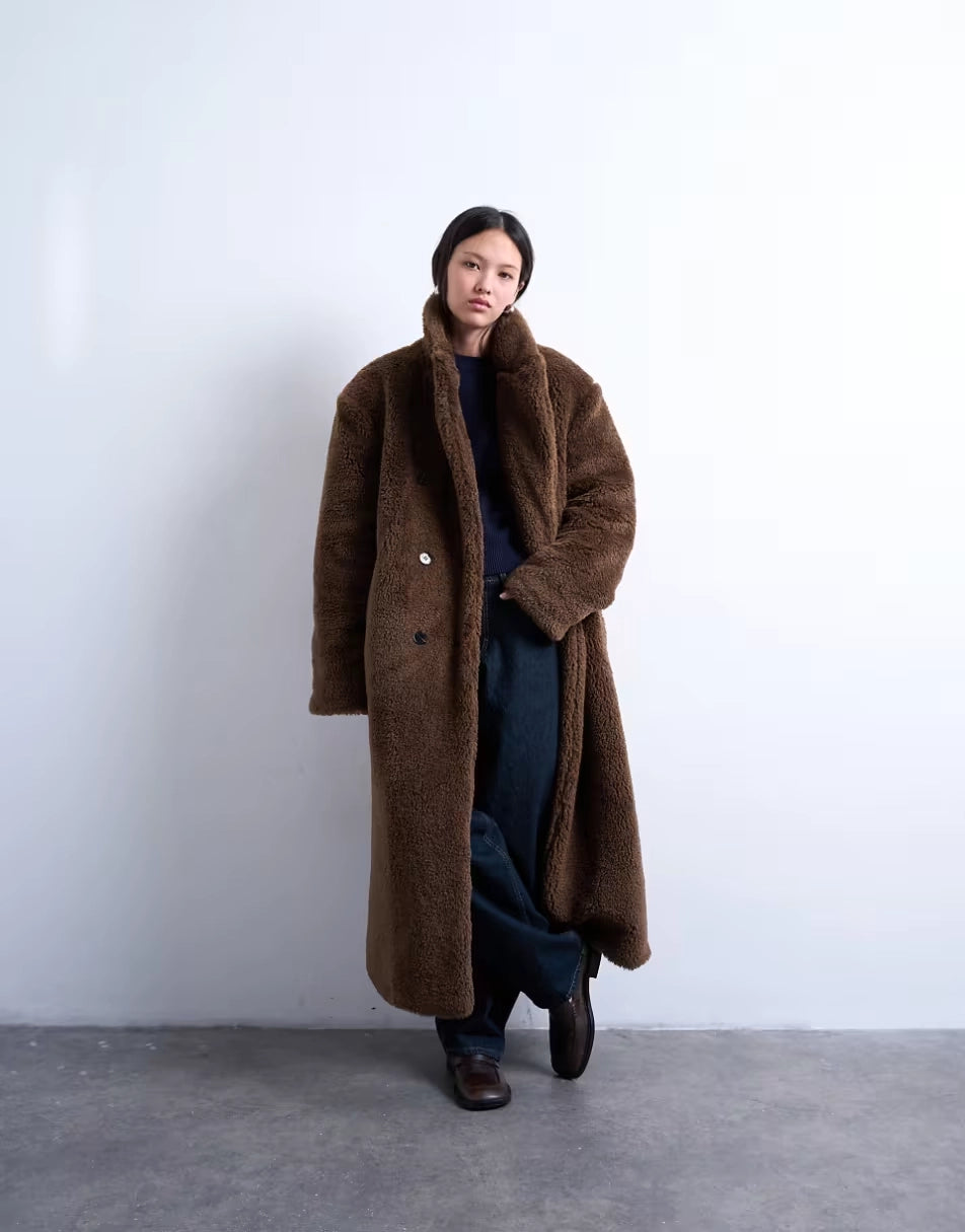 Topshop-Double-Breasted-Teddy-Longline-Coat-In-Brown