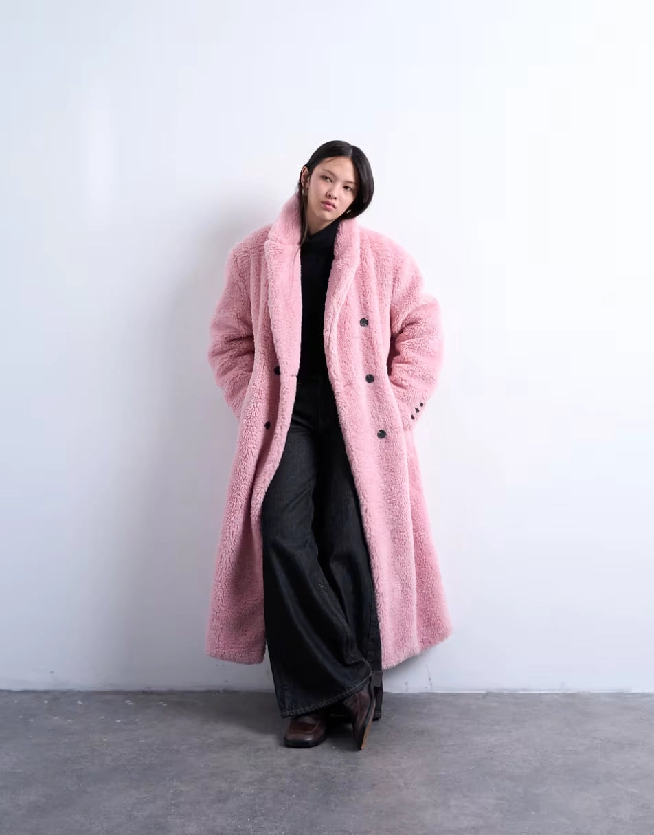 Topshop-Double-Breasted-Teddy-Longline-Coat-In-Pink