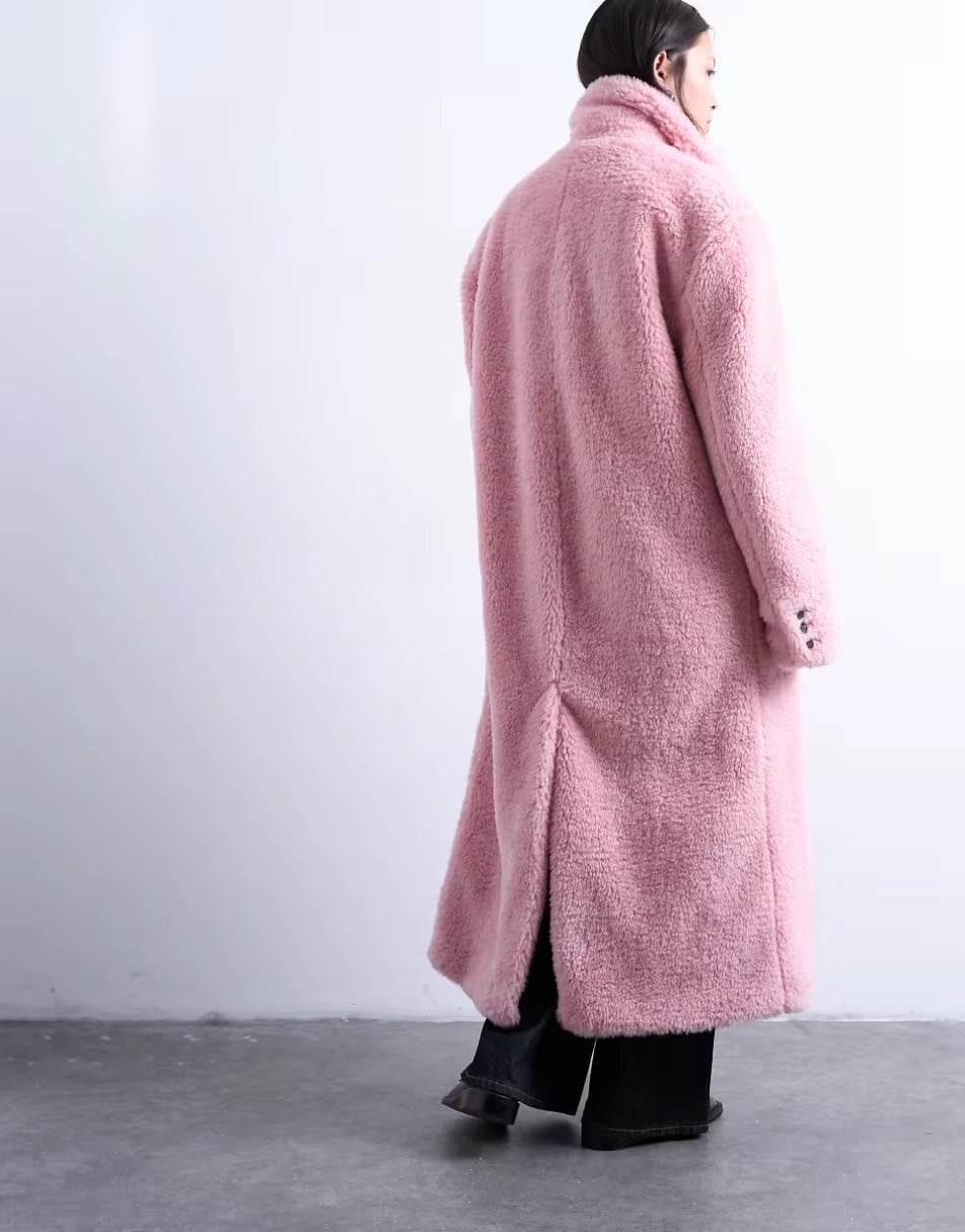 Topshop-Double-Breasted-Teddy-Longline-Coat-Pink