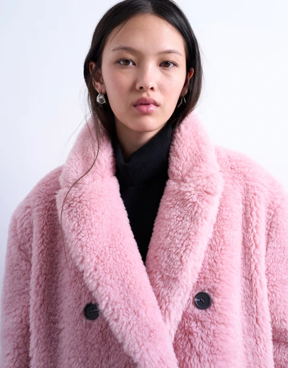 Topshop-Double-Breasted-Teddy-Longline-Pink-Coat
