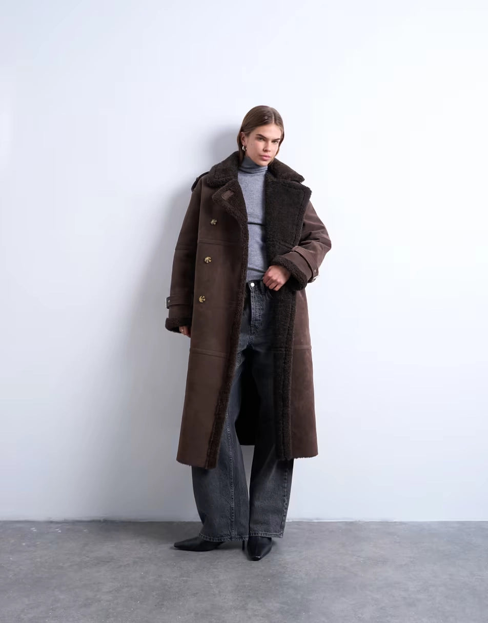 Topshop-Longline-Aviator-Faux-Shearling-Coat-In-Chocolate