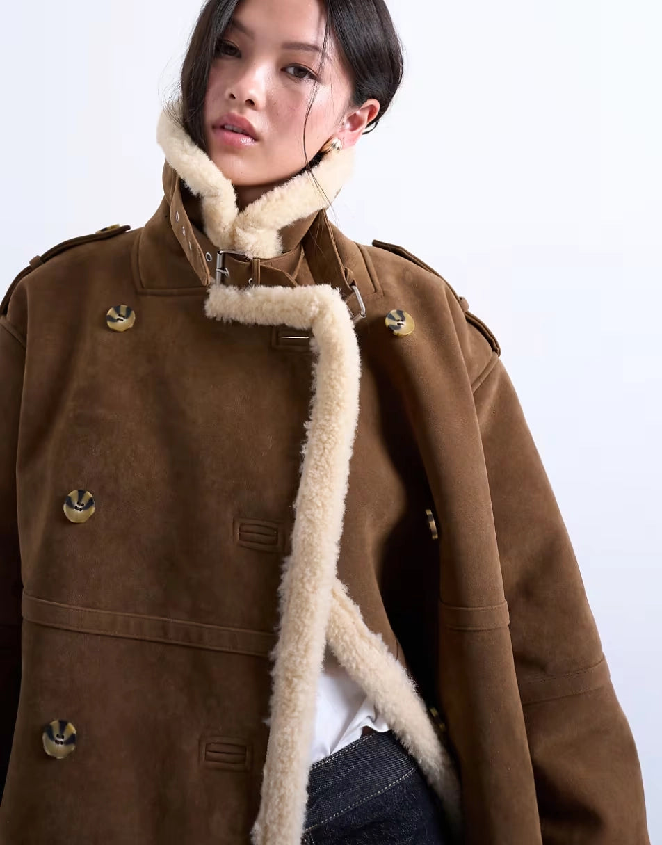 Topshop-Longline-Aviator-Faux-Shearling-Coat-In-Tan-Cream