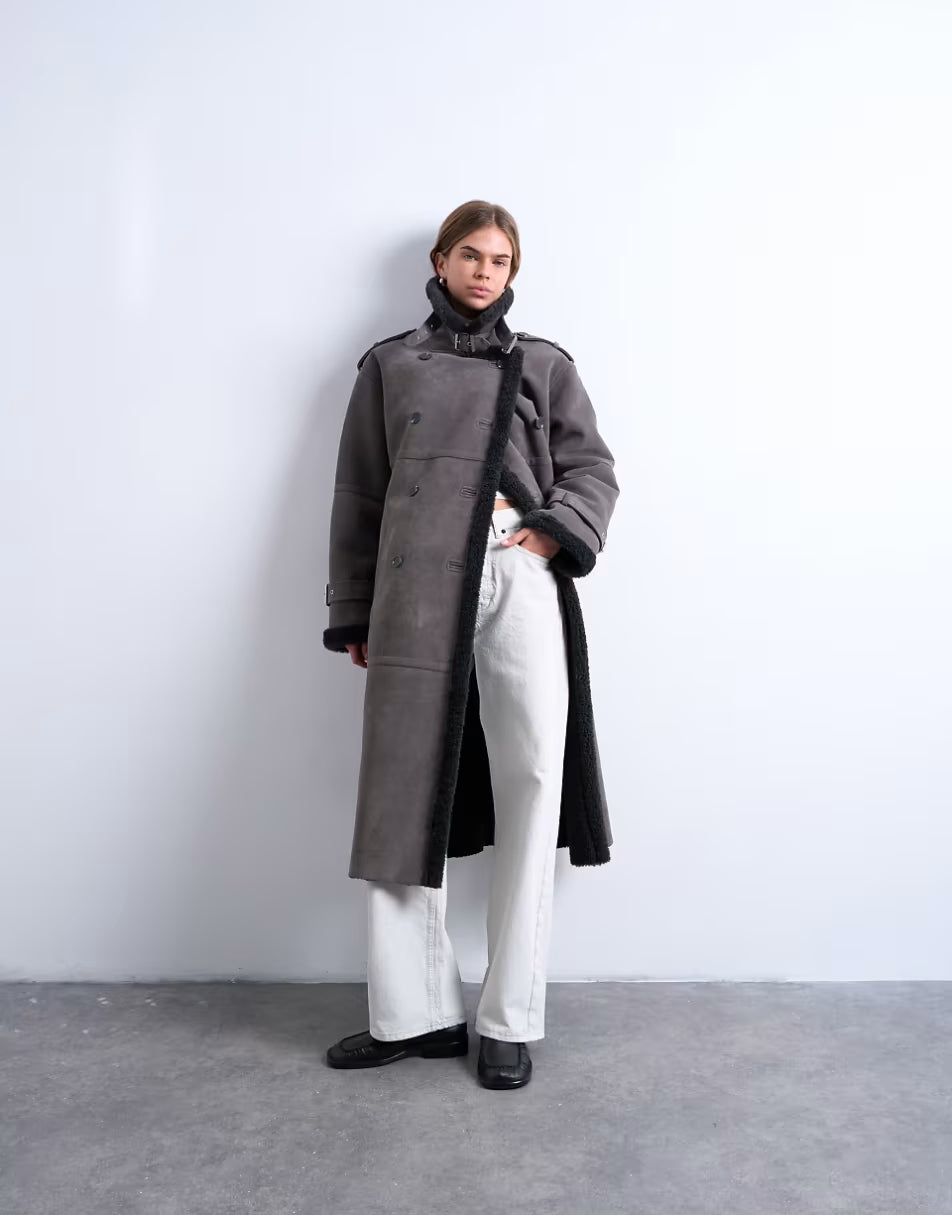 Topshop-Longline-Aviator-Faux-Shearling-Jacket-In-Gray