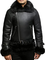 Black Leather Shearling Jacket For Men - flying Toscana Zing Apparel