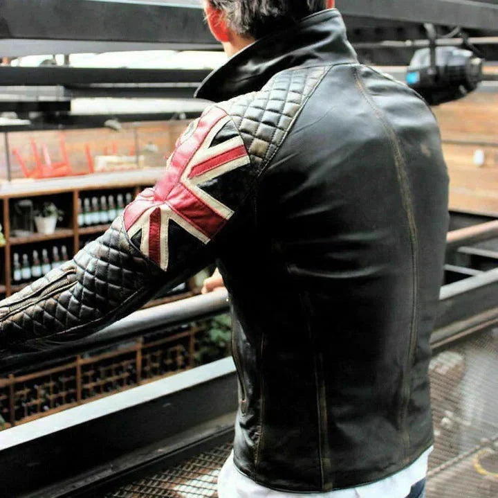 Vintage Motorcycle Biker UK Flag Leather Jacket Zing Apparel