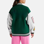 Leather Varsity Jacket For Women in Green & White Zing Apparel