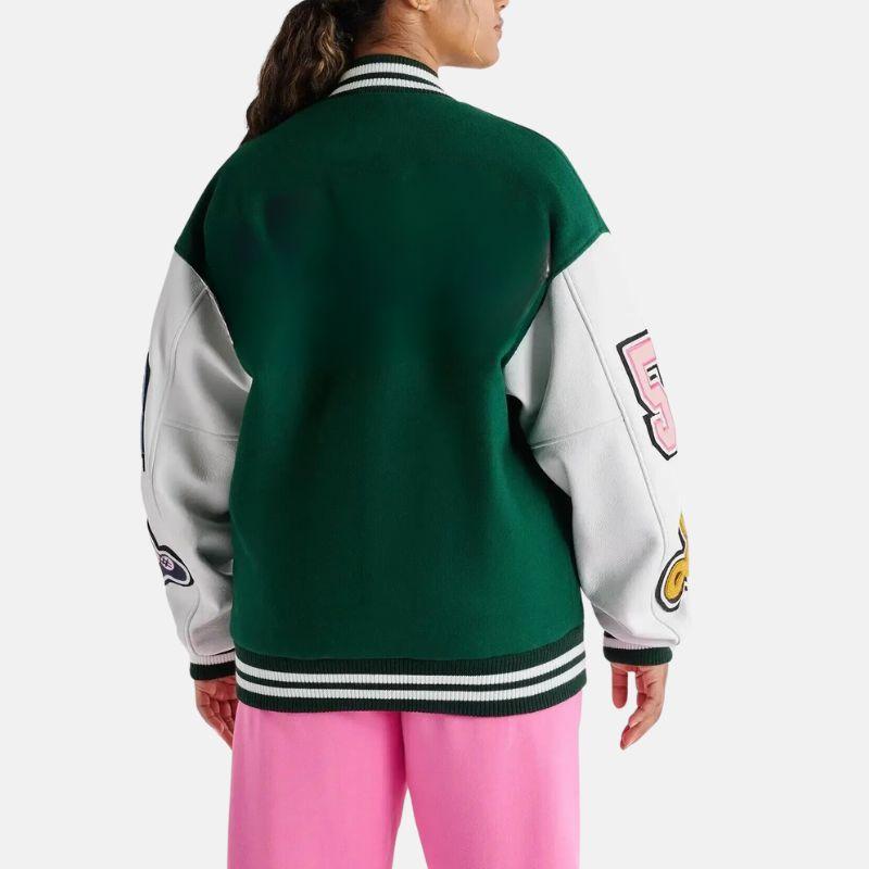 Leather Varsity Jacket For Women in Green & White Zing Apparel
