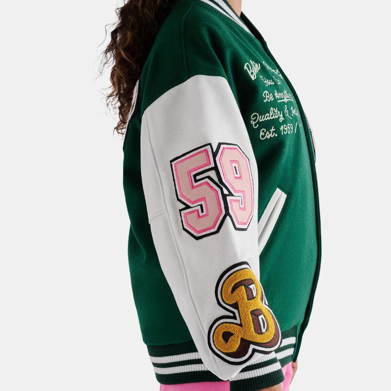 Leather Varsity Jacket For Women in Green & White Zing Apparel