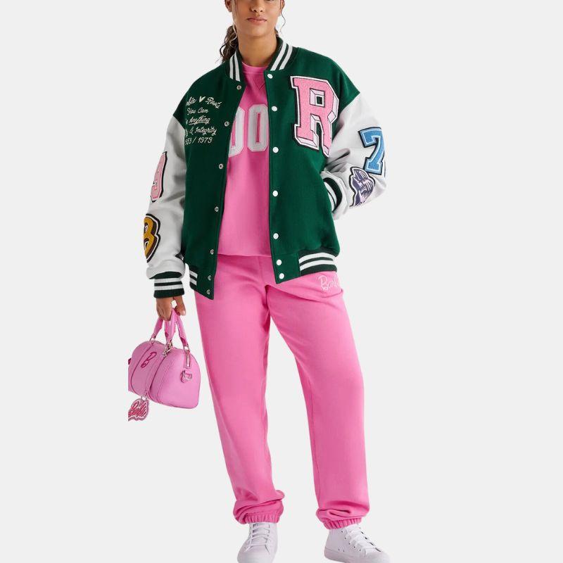 Leather Varsity Jacket For Women in Green & White Zing Apparel