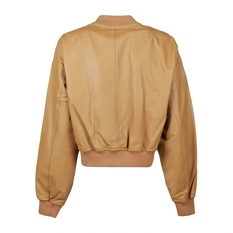 Women Tan Brown Bomber Leather Jacket Zing Apparel