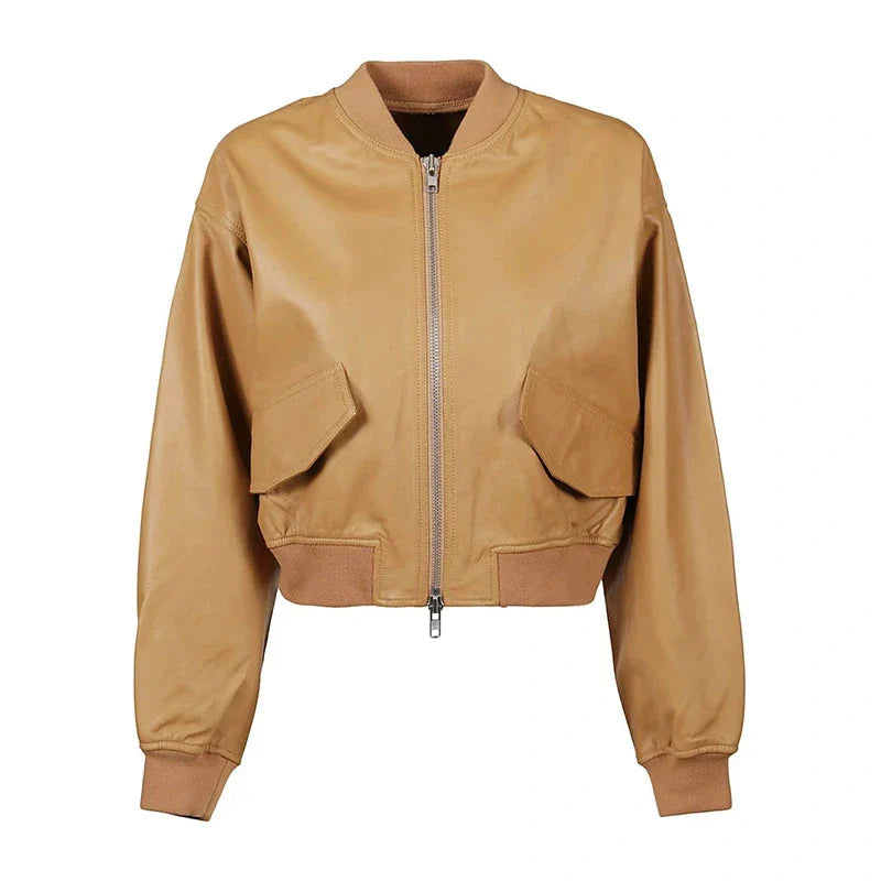 Women Tan Brown Bomber Leather Jacket Zing Apparel