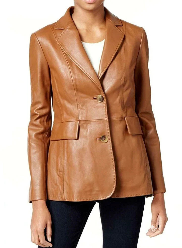 Genuine Sheep Leather Blazer Women Brown Zing Apparel