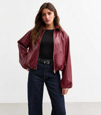 Women’s genuine leather burgundy bomber