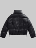 Womens-Black-San-Francisco-49ers-Faux-Leather-Puffer-Jacket-Back