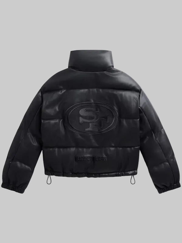 Womens-Black-San-Francisco-49ers-Faux-Leather-Puffer-Jacket-Back