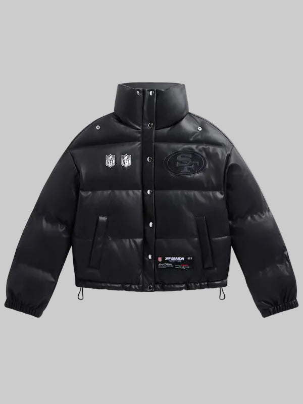 Womens-Black-San-Francisco-49ers-Faux-Leather-Puffer-Jacket