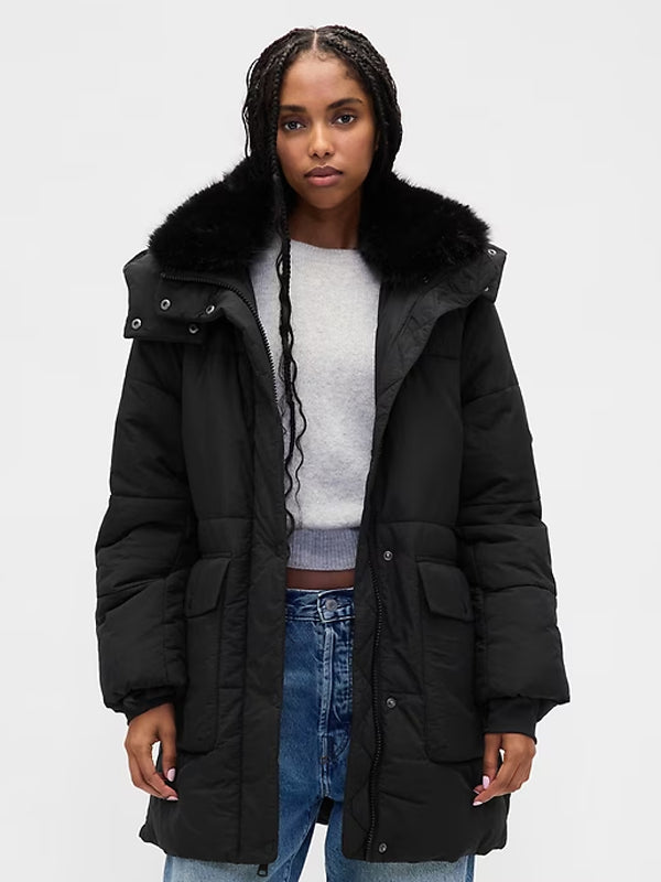 Womens-GAP-Faux-Fur-Trim-Midi-Puffer-Jacket
