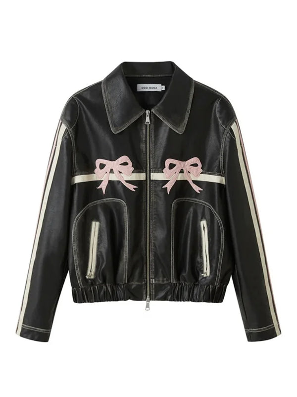 Womens-Pink-Bow-Leather-Oversized-Jacket