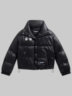 Womens-San-Francisco-49ers-Faux-Leather-Puffer-Black-Jacket